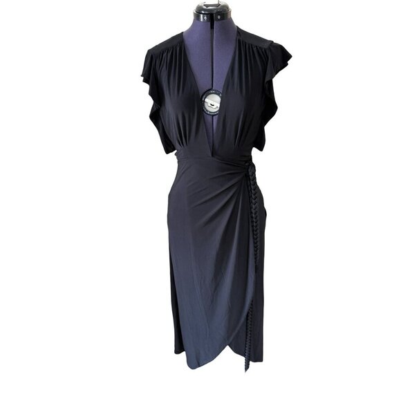 NWT Misa Los Angeles‎ Irina Black Wrap Dress V-Neck Flutter Sleeves Midi S, M - Picture 2 of 8